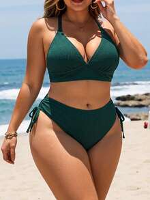 Swim Lushoire 加大码可调节 3D 纹理面料泳衣套装，度假 - 墨綠色 - 查看 4