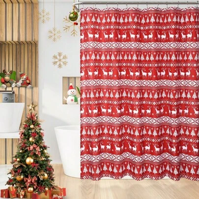 Christmas Boho Shower Curtain, Christmas Tree And Deer Holiday Home Bathtubs Water Resistant Fabric Shower Curtain Winter Farmhouse Bathroom Curtain Decoration, Red And White, 72x72 Inch