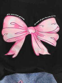 2pcs/Set Girls Cute Round Neck Bow Print Top + Fashionable Embroidered Bow Skirt Pants Set