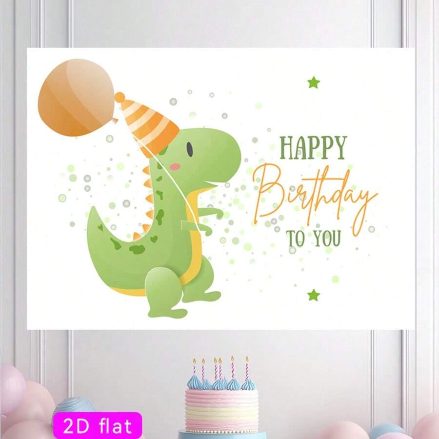 【派对横幅】2D平面横幅，1件装，生日快乐，可爱绿色恐龙派对帽，橙色气球，柔和色调涤纶背景布，适用于派对装饰、俱乐部、房间、家庭、花园、农场，无需用电，感恩节礼物 - 彩色 - 查看 1