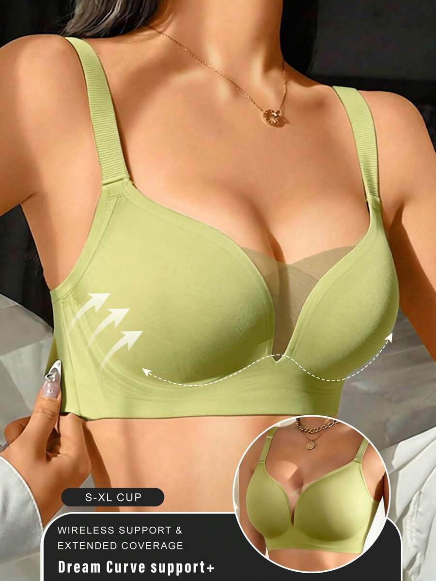 Women Solid Seamless Wire‑Free Bra, Mesh Splicing Detail, Adjustable Straps With Non‑Removable Pads, Supportive Comfort Everyday Underwear For Ladies