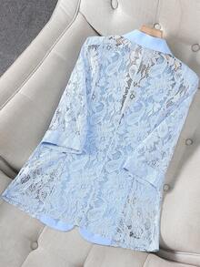女士浅蓝色薄纱西装外套，轻薄夏季休闲办公上衣，短款七分袖春季套装 - 藍色 - 查看 3