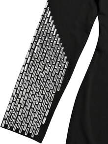 Einfarbiges Kleid mit Rundhalsausschnitt, Langarm, transparent, sexy mit Strass, elegant mit Schlitz, glamourös für Geburtstagsfeiern, Hochzeiten, formelle Abendessen, Silvester, Valentinstag, Schwarze Frühlingsparty - Schwarz - Übersicht 8