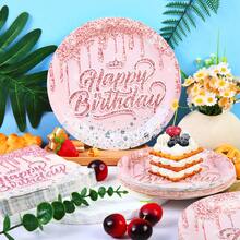 72件套生日派对用品套装，玫瑰金粉色生日皇冠，7/9英寸深蓝金色派对餐盘，苹果蓝金色箔纸一次性餐盘、杯子和餐巾纸，适用于生日、婚礼、派对餐桌 - 彩色 - 查看 1