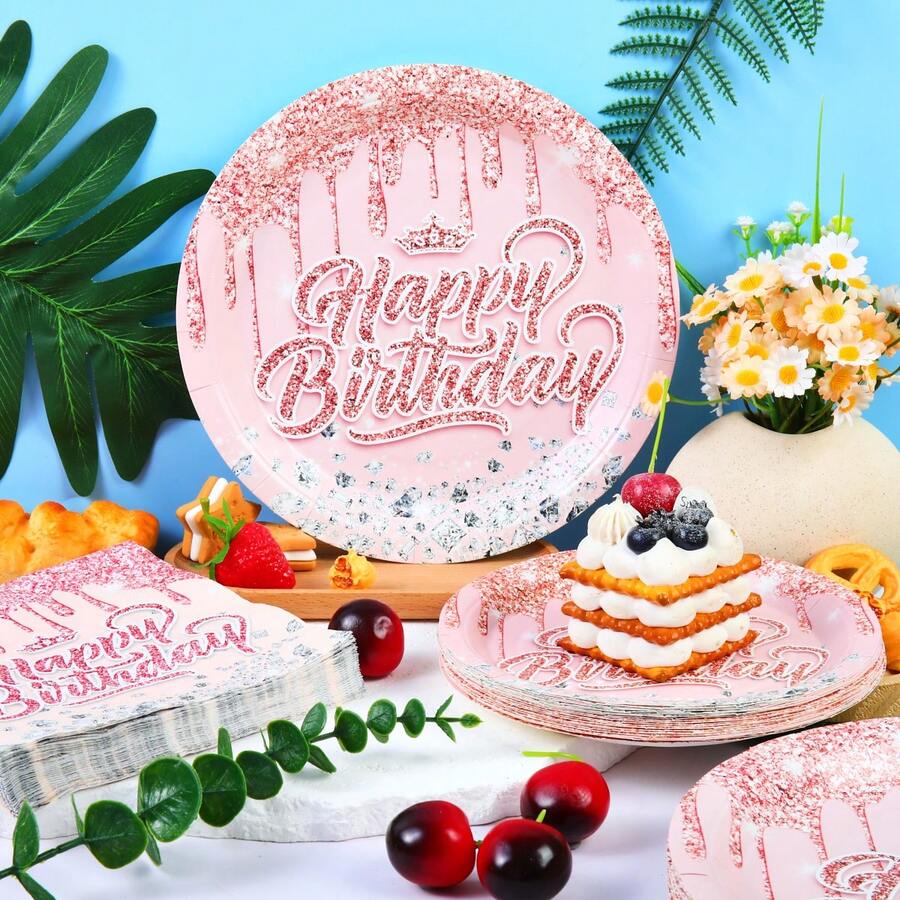 72件套生日派对用品套装，玫瑰金粉色生日皇冠，7/9英寸深蓝金色派对餐盘，苹果蓝金色箔纸一次性餐盘、杯子和餐巾纸，适用于生日、婚礼、派对餐桌 - 彩色 - 查看 1