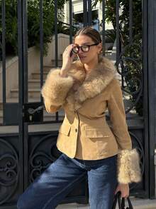 女士蓬松冬季外套，Y2K风格短款长袖派对装，秋季街头风人造毛皮拼接麂皮夹克 - 駝色 - 查看 3