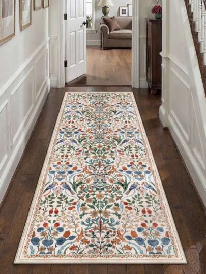 1pc Vintage Symmetrical Floral Kitchen Runner Rug, Beige & Light Pink Retro Distressed Rug With Subtle Gray & Light Brown Textured Details, Softens Bright And Minimalist Kitchen Space, Vintage Scrolling Floral Pattern With Multi-Layer Decorative Borders, Distressed Texture, Elegant Vintage-Style Kitchen Mat, Decorative Runner For Kitchen, Hallway