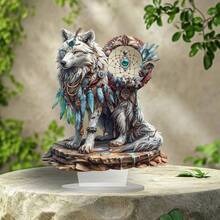 Attrape-rêves bohème blanc loup décoration de bureau acrylique - cadeau artistique thème animal avec plumes et perles pour la chambre, le café, le bureau ou la chambre à coucher - décoration de vacances, décoration d'intérieur bohème