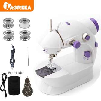 IAGREEA 迷你电动缝纫机，便携式缝纫机，Violet 迷你电动缝纫机 - 6V DC 便携式旅行和 DIY 工艺工具，带自动绕线器、脚踏板、夜灯、2 速、纽扣修理 | 节日礼品套装（含线轴包，不含适配器）