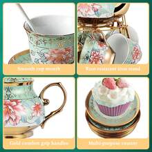 Juego de té de porcelana de 20 piezas con soporte metálico, ideal para adultos. Juego de té de cerámica europea para adultos. Juego de taza y platillo con diseño floral dorado, perfecto para fiestas. - Verde - Ver 7