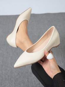 复古棕色尖头平底鞋，新款法式撞色低帮厚底平底鞋，四季皆宜 - 杏色 - 查看 6