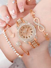 4件套女士时尚休闲石英表，罗马数字表盘，水钻点缀，圆形指针，包含珠宝配件和8字形手链，适合作为母亲节、教师节、感恩节、毕业典礼、生日礼物 - 彩色 - 查看 10
