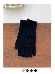 Rose-Embellished Knit Gloves (Hand Detailed), Soft Rabbit Fur Gloves, Warm And Versatile For Autumn/Winter, Knitted Touchscreen Floral Long Gloves For Women, Windproof And Warm Fingerless Gloves