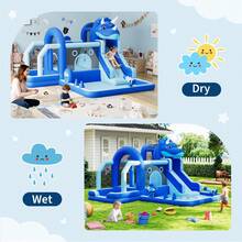 Castillo inflable con tobogán y juegos de agua, castillo inflable Oxford duradero con forma de dinosaurio y soplador de aire, gran castillo inflable para patio trasero para niños, instalación rápida con accesorios incluidos - Azul - Ver 6