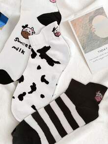 5 pares/10 pares (estilo aleatorio) Calcetines cortos de mujer con estampado de vaca en blanco y negro, estilo japonés lindo para primavera/verano