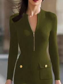 Autumn/Winter Women's Elegant Casual Knit Dress, Solid Color Slim Fit Flattering, Half-Zip Front, With Pockets, Fashionable Daily Commute Versatile Elegant Dress, Old Money Style, Women's Streetwear - Olive Green - View 3