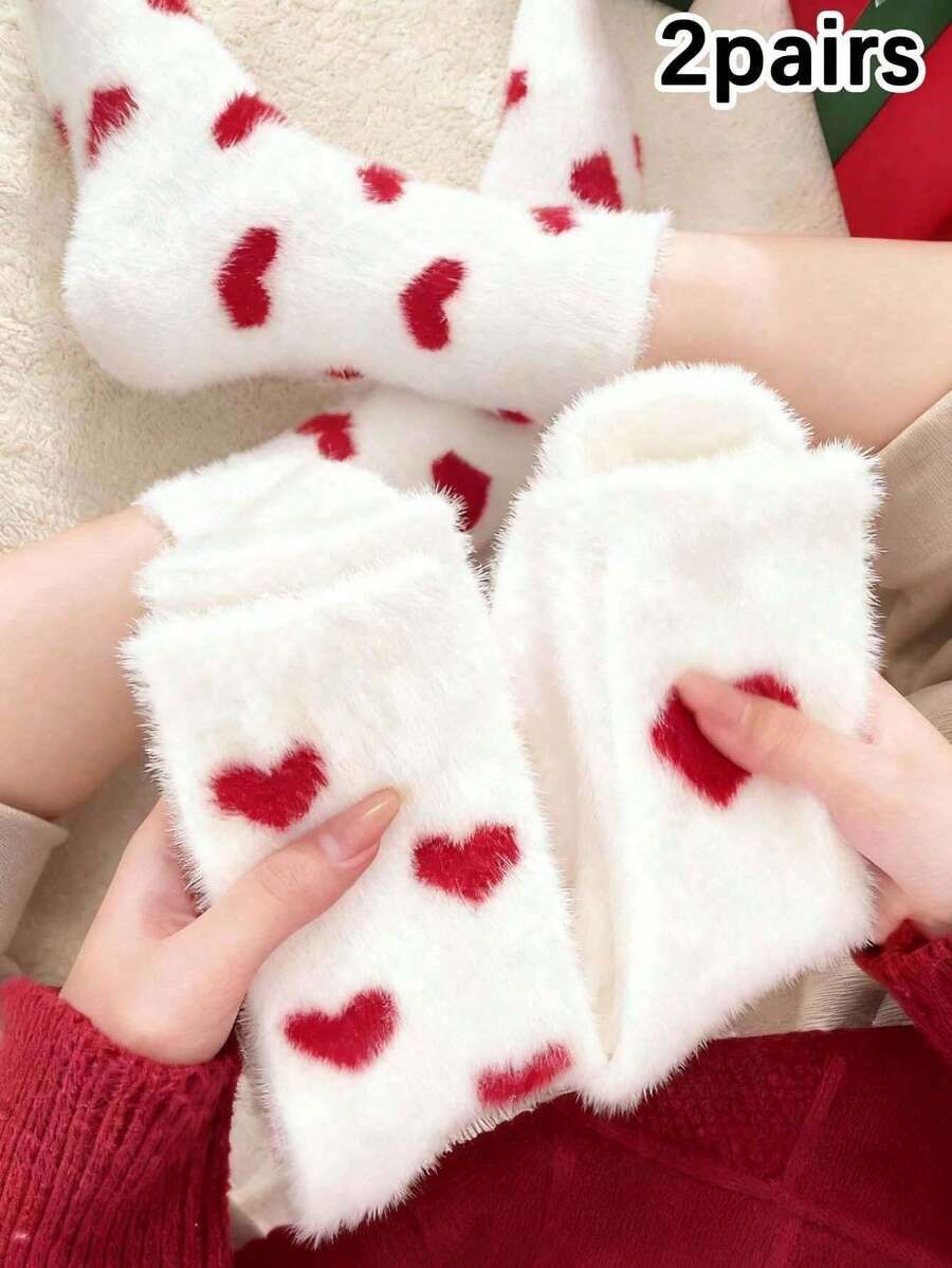2 Pairs Coral Fleece Warm Sleeping Heart-Shaped Socks For Women, Comfortable, Skin-Friendly, Cute & Fashionable Mid-Calf Socks, Suitable For Spring/Winter, Home, Office, Leisure - Red and White - View 1