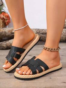 1 Pair Versatile Slip-On Sandals, Beige/Black/Brown, Cute & Fashionable For Teenagers, Summer New Arrival - Black - View 3