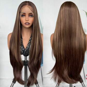 13*6 Swiss Lace Front Straight Wig, 30 Inch Long Middle Part Pre-Plucked Synthetic Hair Wig, High Temperature Fiber Wig Suitable For Daily Wear