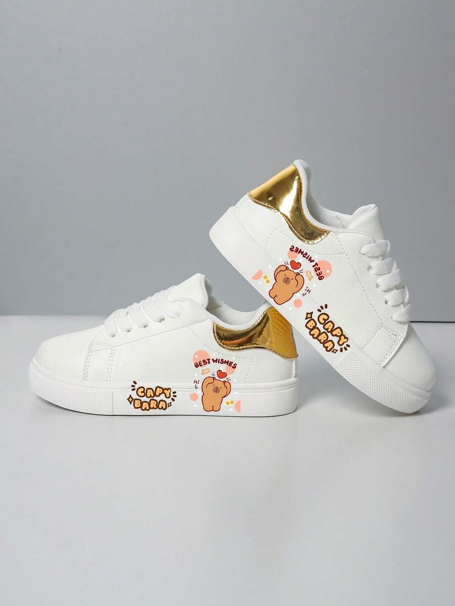 儿童休闲运动鞋，春秋季，男女童卡通印花透气软底学生鞋 - 金色 - 查看 1