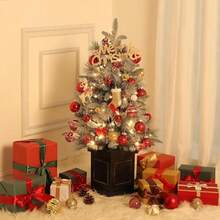 Árbol de Navidad artificial pequeño de 90 cm, 2 juegos, preiluminado, con 78 luces LED, base marrón, temporizador, funciona con pilas, para decoración navideña del hogar. - Verde - Ver 1