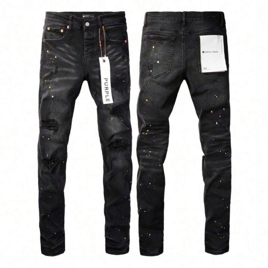 2026 New Hot  Purple American Style Men Jeans High Street  Slim Fit Stretch Black Ripped Skinny Pants Fashionable - 黑色 - 查看 1