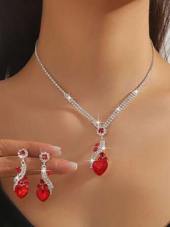 1 Set Water Drop Geometric Crystal Heart Necklace And Earrings Jewelry Set, Fashionable And Versatile For Women