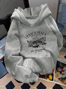 1 Pcs D92 - Loose Hoodie, Fashion  Italian Architecture Rowing Letter Pattern Printed Hoodie, Spring And Autumn, Women's Wear L14970180g 100% Cotton - 深紅色-A - 查看 6