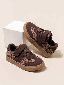 1双复古豹纹女童运动鞋，低帮，魔术贴搭扣，TPR鞋底，织物内衬，圆头 - 适合日常穿着和户外活动 - 卡其色 - 查看 1