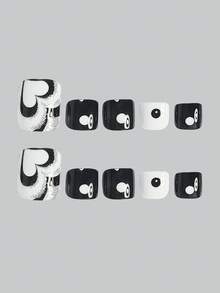 Instantly Upgrade Your Look With 24pcs Press On Toenails Short Square Minimalism Love Glitter Black And White Color Scheme Press On Toenails Full Coverage Fake Nails For Women And Girls Includes 1sheet Adhesive Tabs & 1pc Mini Files Suitable For Valentine's Day Mother's Day Party Date And Office Daily Wear False Nails Jelly Glue Is Randomly Shipped - Multicolor - View 3