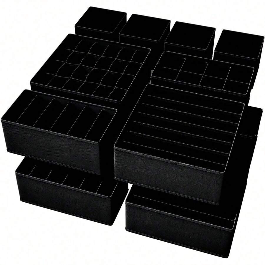 12pcs Multi-Layer Classic Fabric Drawer Storage Boxes For Underwear, Socks And Clothing - Fleece Storage Boxes, Home Storage Boxes, Storage Bins - Black - View 1