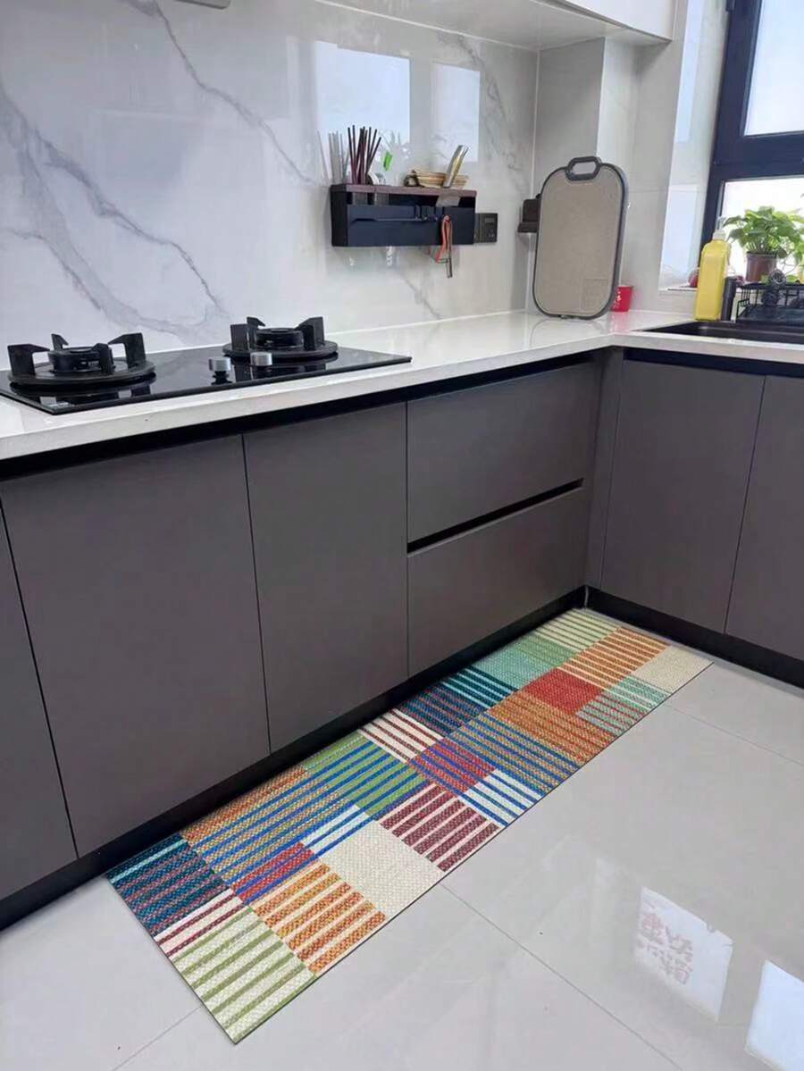 1pc Washable Non-Slip Retro American Style Kitchen Mat, Checkered Striped Italian Style Diatomite Printed Carpet, Quick Absorbent And Easy To Clean, Suitable For Kitchen, Dining Room, Bathroom, Laundry Room And Entryway - Mustard Yellow - View 1