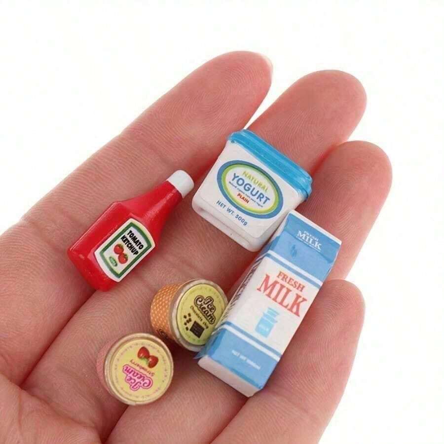 5件套1/12比例迷你食物装饰套装 - 番茄酱和酸奶 - DIY迷你厨房/客厅场景装饰 - 完美礼物 - 彩色 - 查看 1