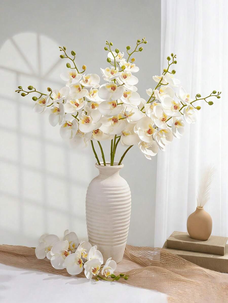 MEHELANY 4/2/1支仿真白色蝴蝶兰，假兰花茎，丝绸白兰花，家居装饰/婚礼中心摆件/高花瓶/新娘捧花/人造花卉装饰 - 白色 - 查看 1