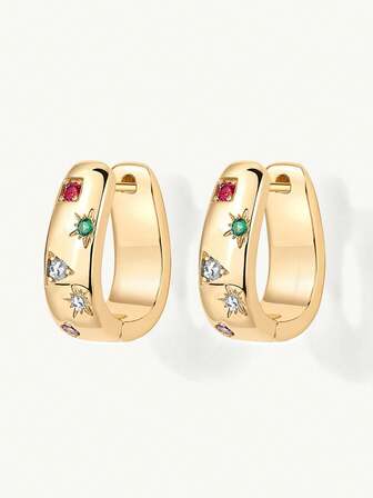 1 par eleganta örhängen med kubisk zirkonia, inlagda med röda, gröna, lila och andra ädelstenar, lämpliga för kvinnors fest- och aftonkläder, tillverkade av kopparmaterial, allergivänliga och bleknar inte