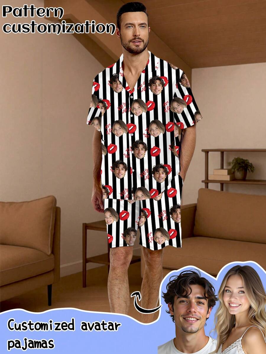 Bộ đồ ngủ cardigan tay ngắn nam tùy chỉnh, có thể in bất kỳ họa tiết nào, đồ ngủ cá nhân hóa với ảnh, hình ảnh tùy chỉnh ngộ nghĩnh, đồ ngủ thoải mái. Thích hợp cho Ngày Valentine, sinh nhật, quà tặng và các dịp khác, cá nhân hóa, đầy màu sắc, dễ thương, dí dỏm, độc đáo, độc quyền, quà tặng lý tưởng cho bạn trai, thích hợp cho bạn trai, gia đình, bạn bè, người lớn tuổi, thời trang cho mùa thu, các dịp tiệc tùng. - màu đen - Xem 1