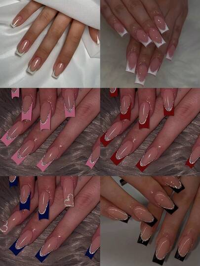 144pcs (6 Styles) Rectangular French Manicure Nail Stickers, Available In Blue, Red, Pink, Black, Silver Glitter Heart Shaped Nail Stickers, Medium Size, Perfect For Acrylic Fake Nails, Includes: 1pc Jelly Gel And 1pc Nail File, Suitable For Women And Girls For Daily Wear, Also Suitable For Parties And Dances Nail Supplies