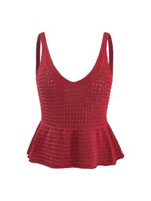 女士休闲性感街头风纯色吊带镂空修身荷叶边下摆短款针织上衣，适合春夏、度假和日常穿着 - 紅色 - 查看 6