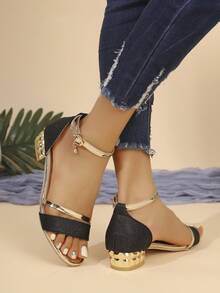 1 Pair Teens' Flashy Black Gold Silver Color Block Chunky Heel Sandals, Girls' Sweet & Edgy Open Toe High Heels, Student Party Date Outdoor Wear Teenage High Heel Sandals - Black - View 2