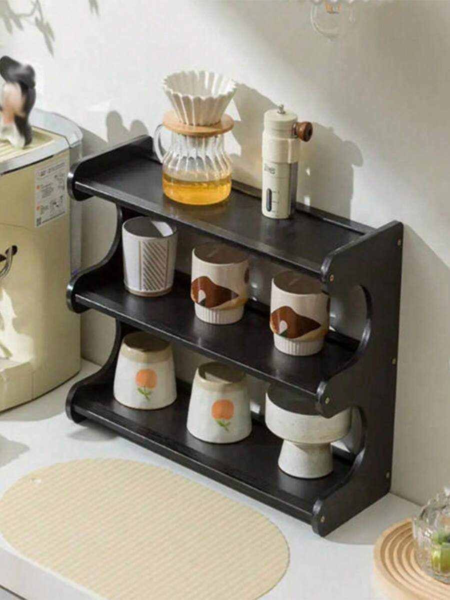 Three-Tier Bamboo Storage Rack - Easy Assembly, Minimalist Style For Bathrooms, Entryways, Bar Counters, Kitchen Countertops, Offices, And Living Rooms. Cup Holder Storage Rack - Space-Saving Solution For Perfumes, Cosmetics, Mugs, And Kitchen Seasoning Organization. - Black - View 1
