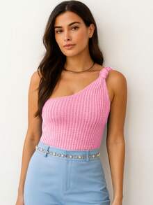 Women's Cropped Blouse Tricot Modal One Shoulder Mule Manca Hole Side Knot Summer Premium - 淺粉色 - 查看 3