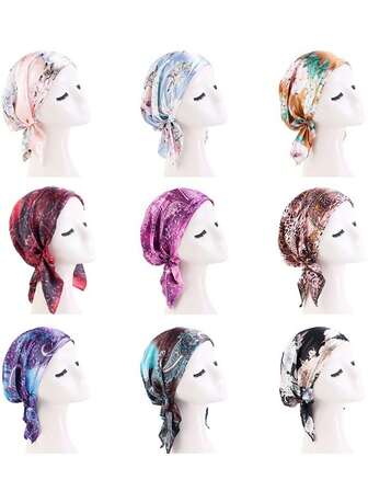 1PC Women's Summer Thin Satin Print Triangular Nightcap Comfortable Headscarf Hat Bag Hat Pirate Hat