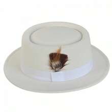 Men Women Felt Fedora Hat Classic Flat Top Pork Pie Hat Vintage Panama Hat With Feather - 白色 - 查看 2