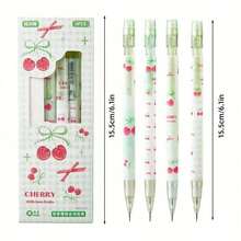 4pcs Fine Writing Tools, Matcha Cherry Pattern Push-Button Mechanical Pencil, 0.5mm Exam & Practice Pen With Eraser For School Stationery, Study Tools, Writing Essentials, Cherry Design, Aesthetic Writing Tool, Durable Construction, Plastic Pencil, Retractable Pencil, Automatic Pencil, Exam Takers, Writers - Multicolor - View 2