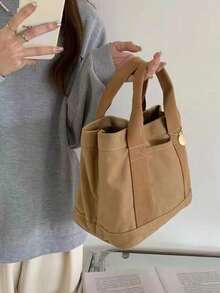 Large Capacity Canvas Tote Bag, Shoulder Bag With Multiple Compartments, Shopping Bag, Casual Art Canvas Bag - Grey - View 4