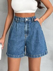 Women's High-Waisted Pleated Denim Shorts Vintage Wash Baggy Wide-Leg Jean Shorts - 藍色 - 查看 4