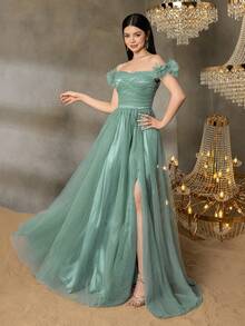 Alisa&Leo Teen Girls' Tulle Evening Gown - Off-Shoulder Cross Pleated Design With Fluffy Floral Accents, Strappy Back Strap & Tulle Skirt Overlay For School Balls, Birthday Parties, And Youth Formal Events - Green - View 4