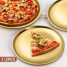 1/2pcs Multi-Purpose Thick Stainless Steel Gold Party Tray - Suitable For Pizza, Desserts, Steaks Etc. - Ideal For Easter, Thanksgiving, Wedding Gatherings - Food Round Tray For Home, Kitchen, Restaurant, Picnic, Outdoor Camping - - - View 6