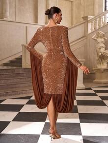 Women's V-Neck Long Sleeve Sequin Patchwork Bodycon Mini Skirt - Brown - View 2
