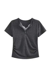 2 en 1 Camiseta interior de felpa y punto para mujer, Parte superior corta con ribete de encaje, Informal para otoño/invierno - Gris - Ver 4